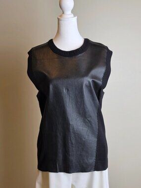 Robert Rodriguez Leather‑Front Knit Top — Size M